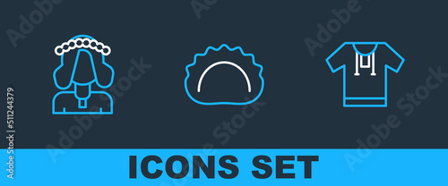 Set line Embroidered shirt, Ukrainian woman and Dumplings icon. Vector
