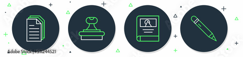Set line Stamp, Photo album gallery, File document and Pencil with eraser icon. Vector