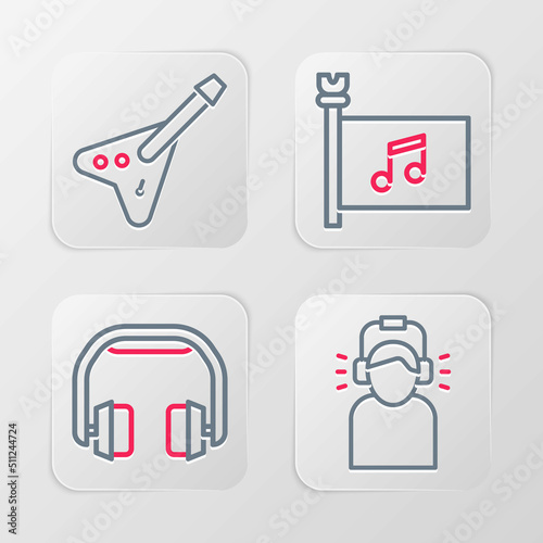 Set line Man in headphones, Headphones, Music festival flag and Electric bass guitar icon. Vector
