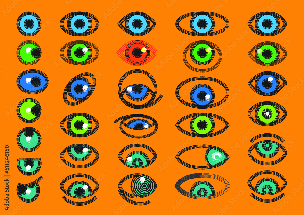 Textured tribal or primitive style eye icon set of vector illustrations for t-shirt design or logo inspiration. Funky orange background for use in fun illustrations. Textured tribal or primitive style eye icon set of vector illustrations for t-shirt design or logo inspiration. Funky orange background for use in fun illustrations.