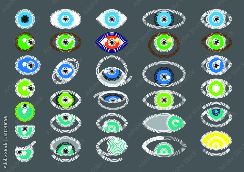 Textured tribal or primitive style eye icon set of vector illustrations for t-shirt design or logo inspiration. Reverse variations on a dark grey background. A loose style but with modern colours. Textured tribal or primitive style eye icon set of vector illustrations for t-shirt design or logo inspiration. Reverse variations on a dark grey background. A loose style but with modern colours.