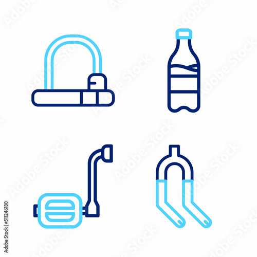 Set line Bicycle fork, pedal, Sport bottle with water and lock icon. Vector