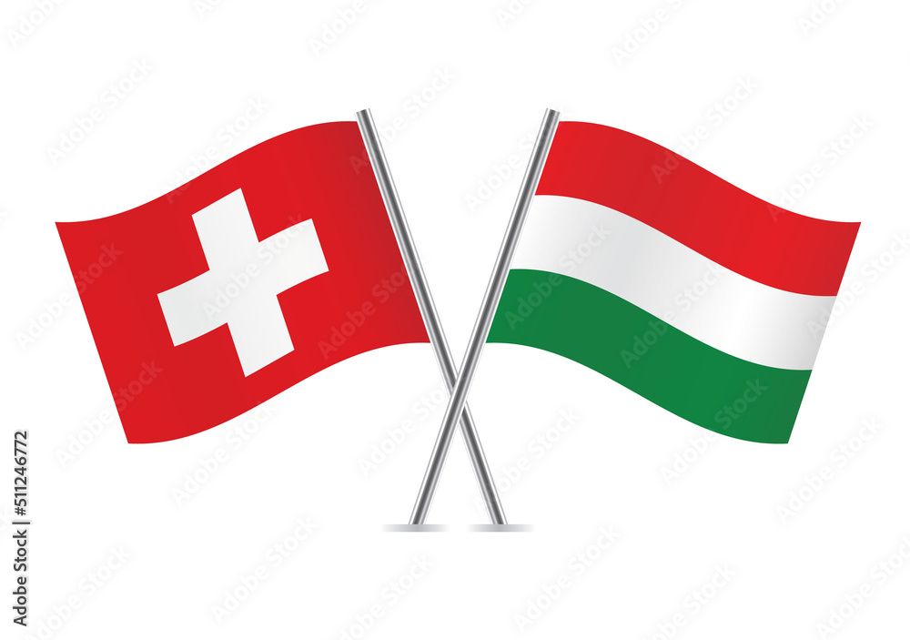 Switzerland and Hungary crossed flags. Swiss and Hungarian flags on white background. Vector icon set. Vector illustration. 