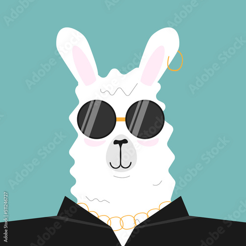 Cool biker lama or alpaca with dark leather jacket and black sunglasses. Isolated on blue background. Vector Flat  illustration