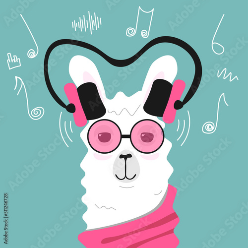 Lama or alpaca music lover with pink glasses and scraf. Music symbols on background. Vector illustration