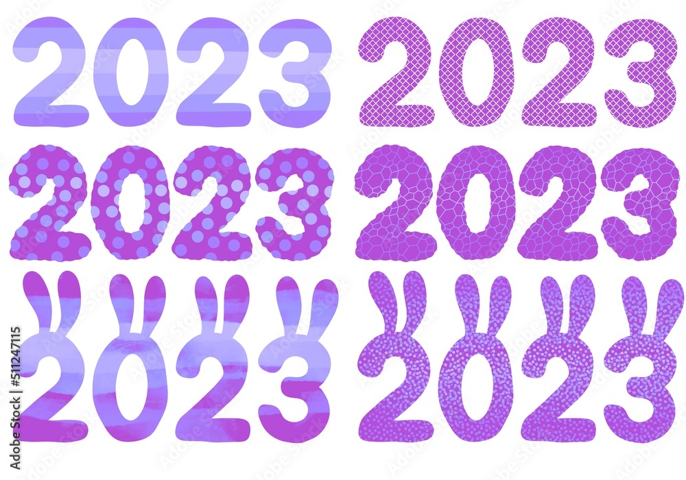 Set with 2023 rabbit numbers for new year gifts and stickers and notebooks and hobbies and holidays Set with 2023 rabbit numbers for new year gifts and stickers and notebooks and hobbies and holidays