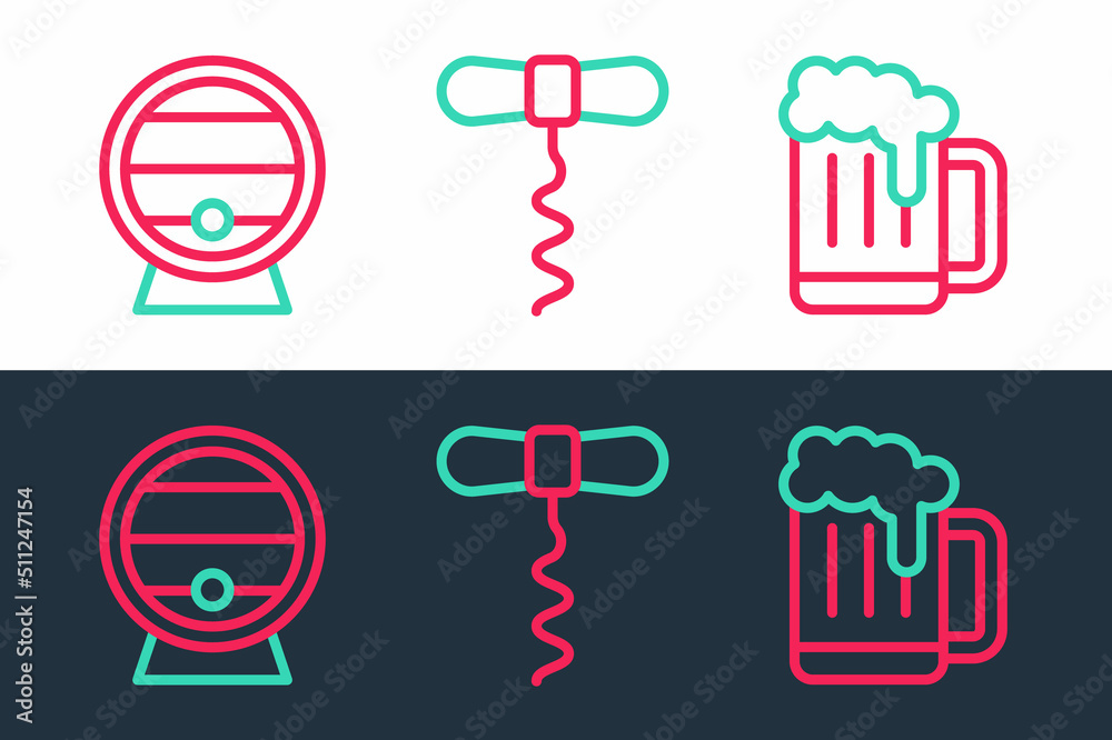 Set line Wooden beer mug, barrel on rack and Wine corkscrew icon. Vector