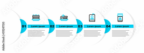 Set line Jar of honey, Cookbook, Piece cake and Cake icon. Vector