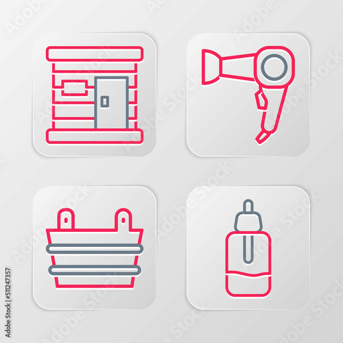 Set line Essential oil bottle, Sauna bucket, Hair dryer and wooden bathhouse icon. Vector