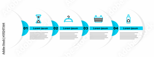 Set line Spray can for hairspray, Sauna bucket, Hanger wardrobe and hourglass icon. Vector