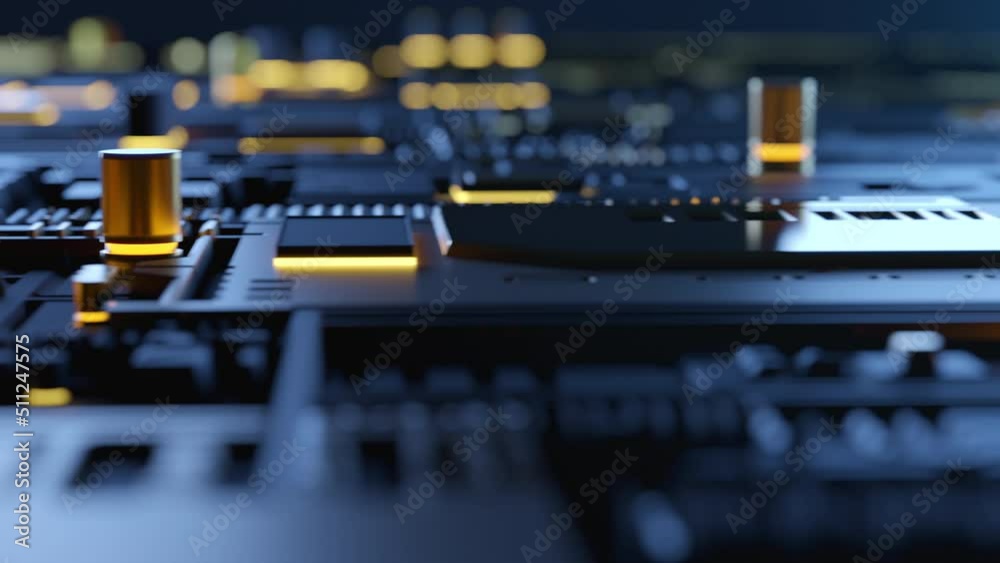 High tech integrated circuit board with processor close up. Electronic CPU chip component on printed pcb. Concept of computer hardware and digital computing of big data. Futuristic Sci-fi background