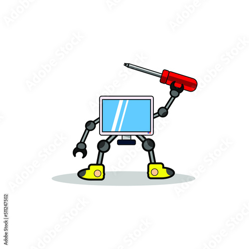 vector illustration of monitor character mascot with screwdriver, suitable for advertisement, poster, banner, icon, mascot, logo, etc