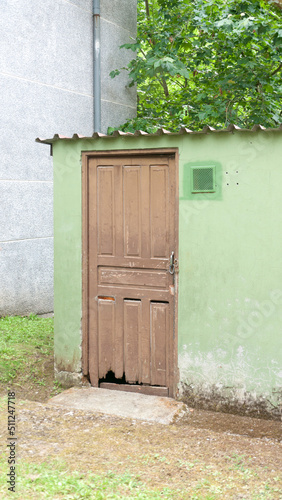 Puertas de madera de trasteros verdes en jardín