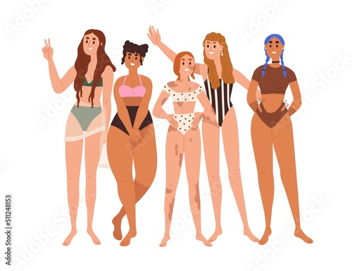 Diverse body-positive women group. Different happy girls in swimwear, bikini....