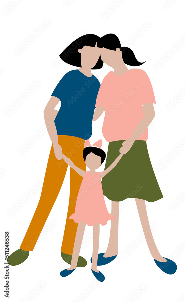 Raster illustration - lgbt family with two moms and little daughter stand and hug isolated
