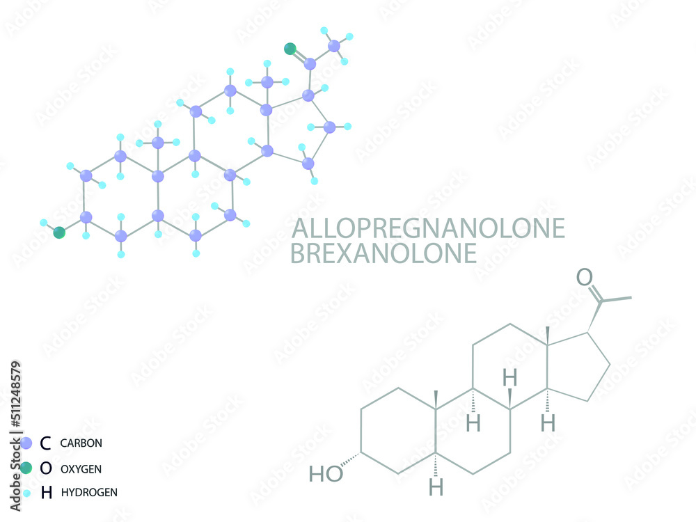 Allopregnanolone brexanolone molecular skeletal 3D chemical formula.	