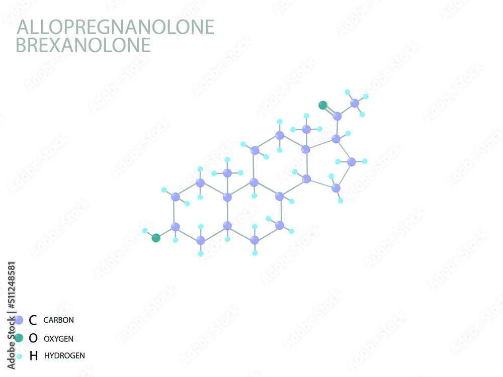Allopregnanolone brexanolone molecular skeletal 3D chemical formula.	