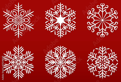 Set vector snowflakes. Collection of snowflake winter decoration. Isolated on red background