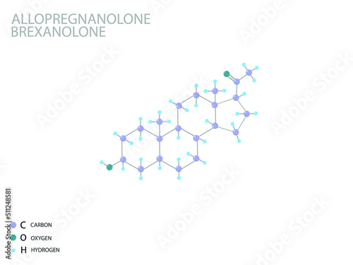 Allopregnanolone brexanolone molecular skeletal 3D chemical formula. 