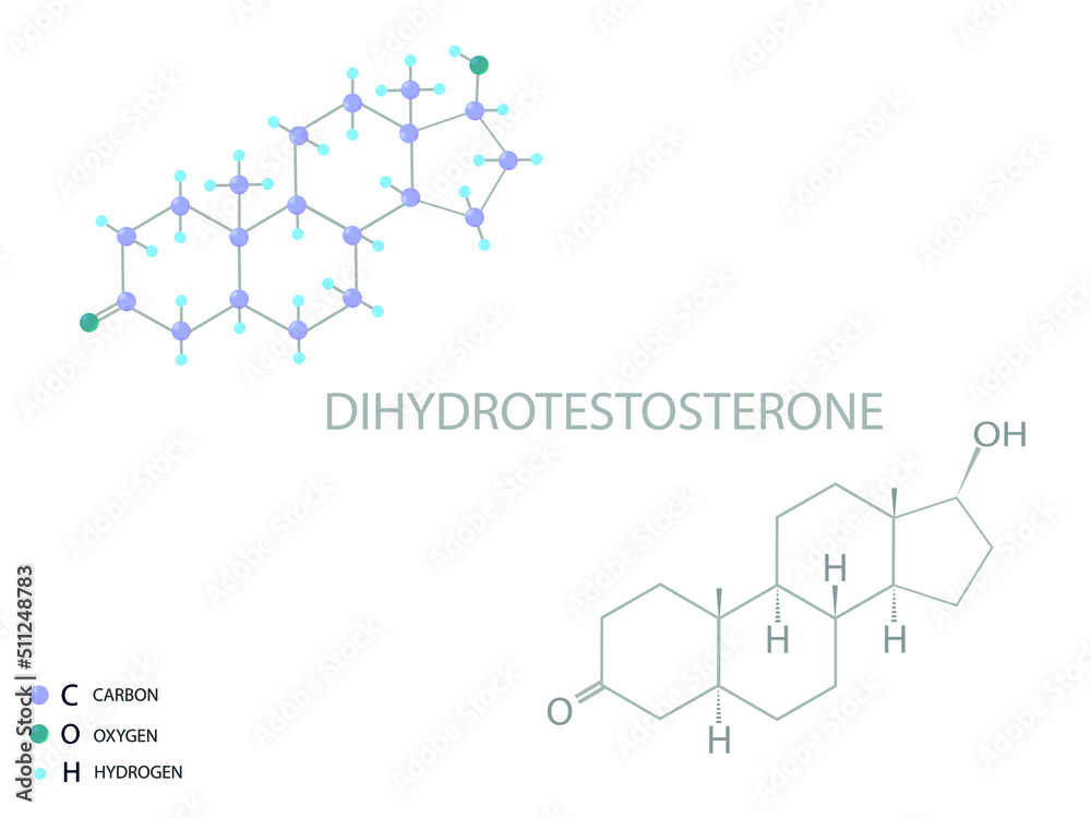 Dihydrotestosterone molecular skeletal 3D chemical formula.	