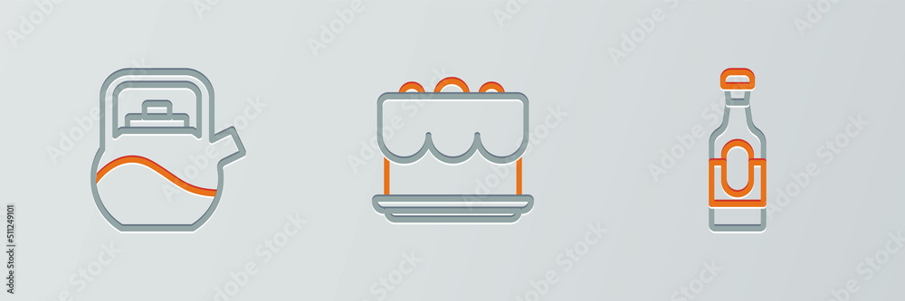 Set line Wine bottle, Kettle with handle and Cake icon. Vector Set line Wine bottle, Kettle with handle and Cake icon. Vector