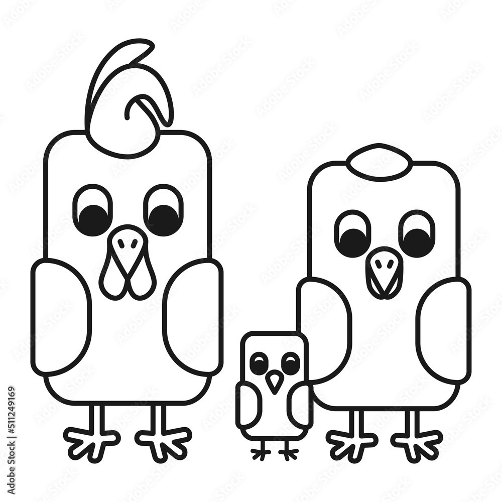 Line art black and white chicken family Line art black and white chicken family