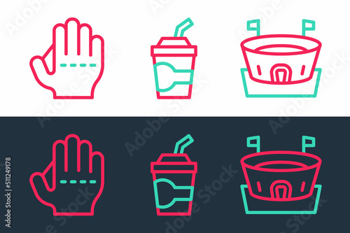 Set line Baseball arena, glove and Paper glass with water icon. Vector