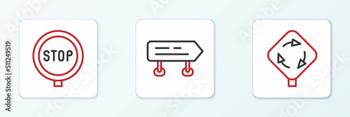 Set line Roundabout traffic sign, Stop and Road icon. Vector