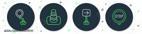 Set line Traffic cone, sign turn right, Road traffic and Stop icon. Vector