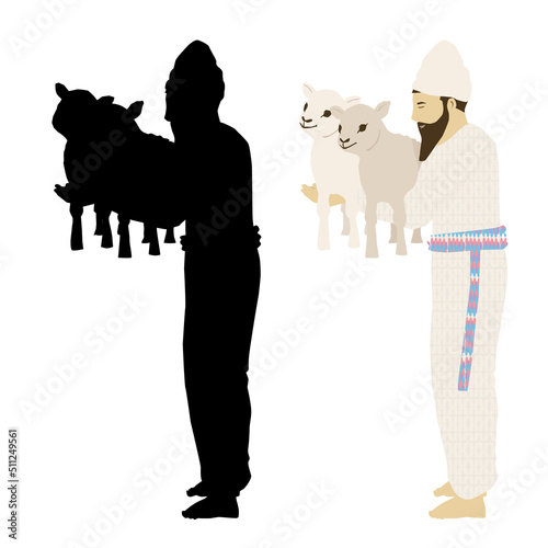 A Jewish priest from the period of the Jewish Temple in Jerusalem lifts two sheep with his hands.
Isolated figures on a white background.
Vector. colourful. A black silhouette.