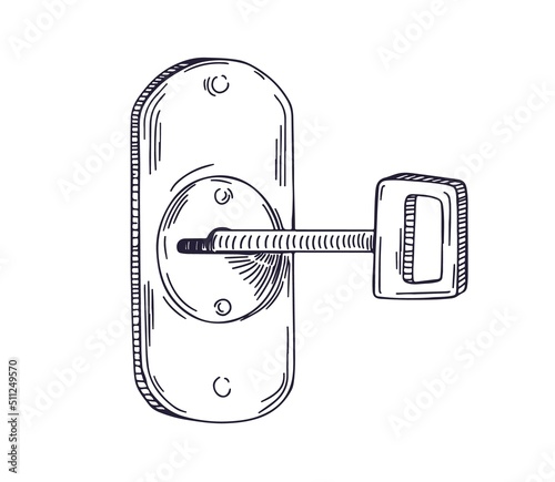 Key inside keyhole, lock, unlocking and opening house door. Outlined etched e...