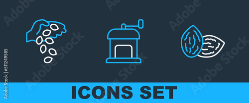 Set line Seed, and Manual coffee grinder icon. Vector