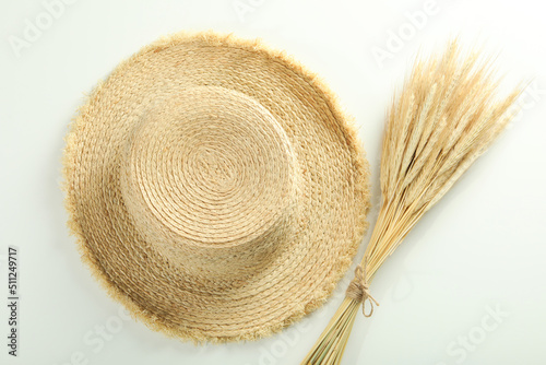 Hat and spikelets on white background, top view