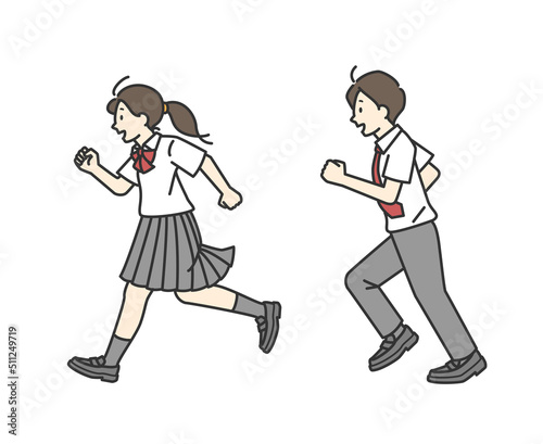 走っている男子学生と女子学生のイラスト（夏服）