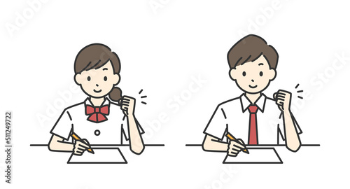 勉強している男子学生と女子学生のガッツポーズのイラスト（夏服）