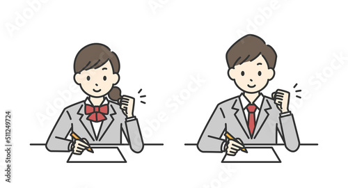 勉強している男子学生と女子学生のガッツポーズのイラスト