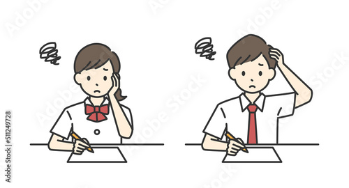 勉強している男子学生と女子学生の悩んでいるポーズのイラスト（夏服）