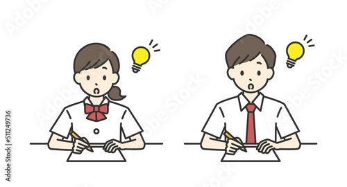 勉強している男子学生と女子学生のひらめきポーズのイラスト（夏服）