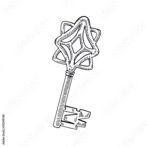 Vintage old ornated door key, engraved outlined drawing in retro detailed sty...