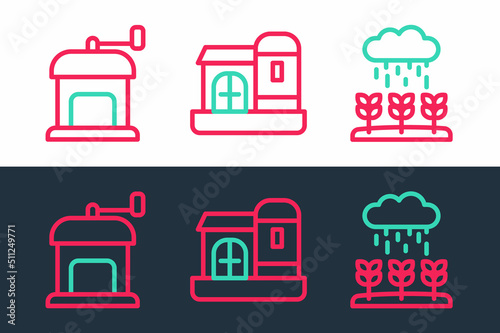 Set line Plant sprouts grow in the rain, Manual coffee grinder and Farm house icon. Vector