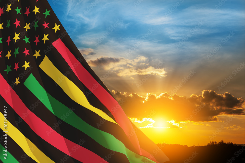 Alternative Juneteenth Flag with sunrise or sunset. Since 1865. Design of Banner with place for text. 3d-rendering. - obrazy, fototapety, plakaty 