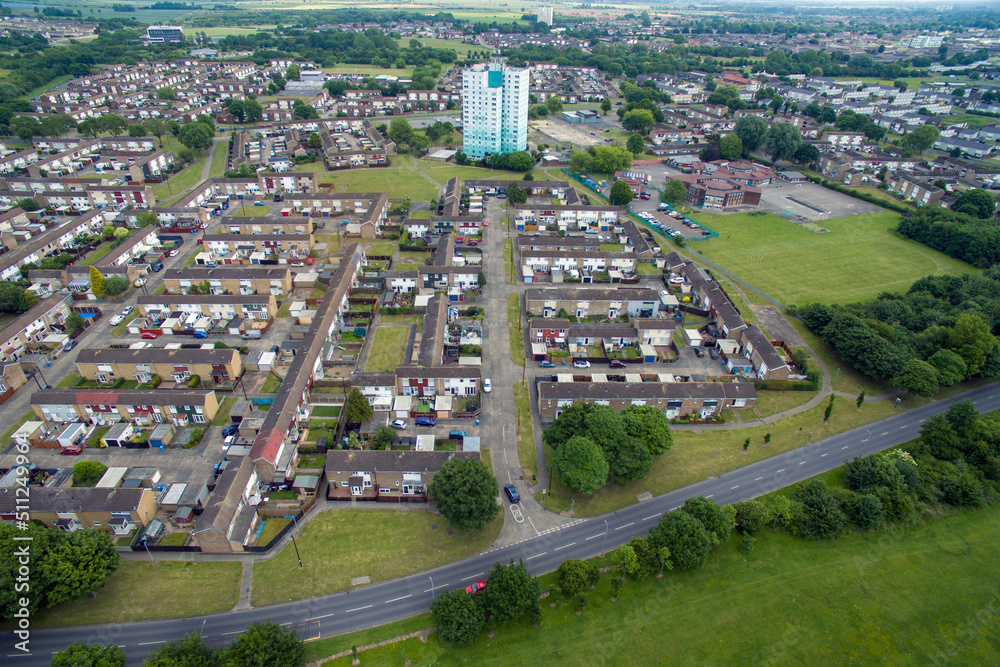 Arial view of suburban housing and shops  Bransholme. Kingston upon Hull. Yorkshire 