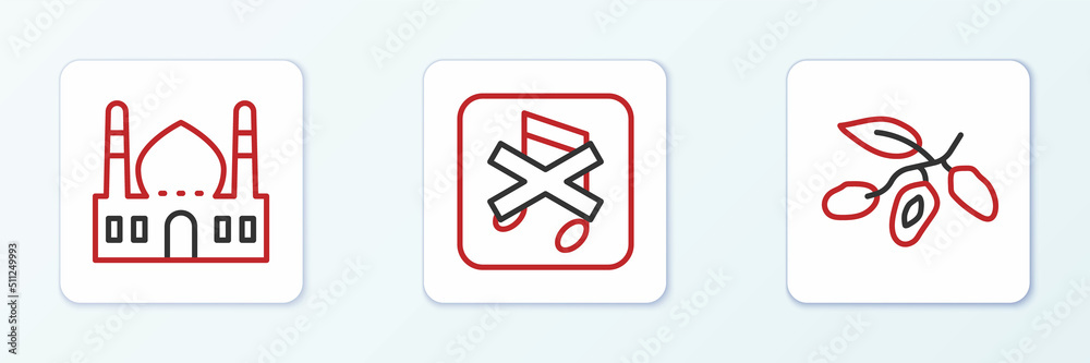 Set line Date fruit, Muslim Mosque and Speaker mute icon. Vector Set line Date fruit, Muslim Mosque and Speaker mute icon. Vector