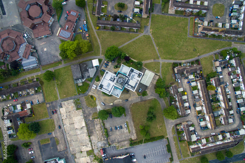 Arial view of suburban residential tower block with flammable cladding. Padstow House.  Bransholme. Kingston upon Hull. Yorkshire 