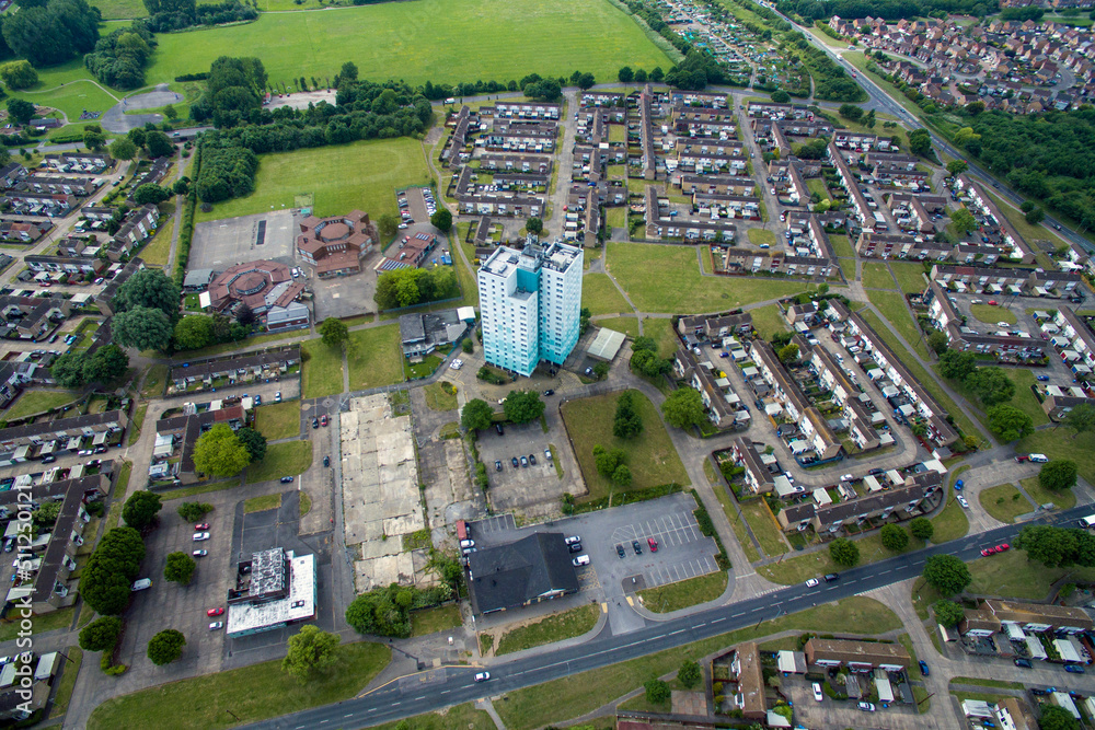 Arial view of suburban residential tower block with flammable cladding. Padstow House.  Bransholme. Kingston upon Hull. Yorkshire 