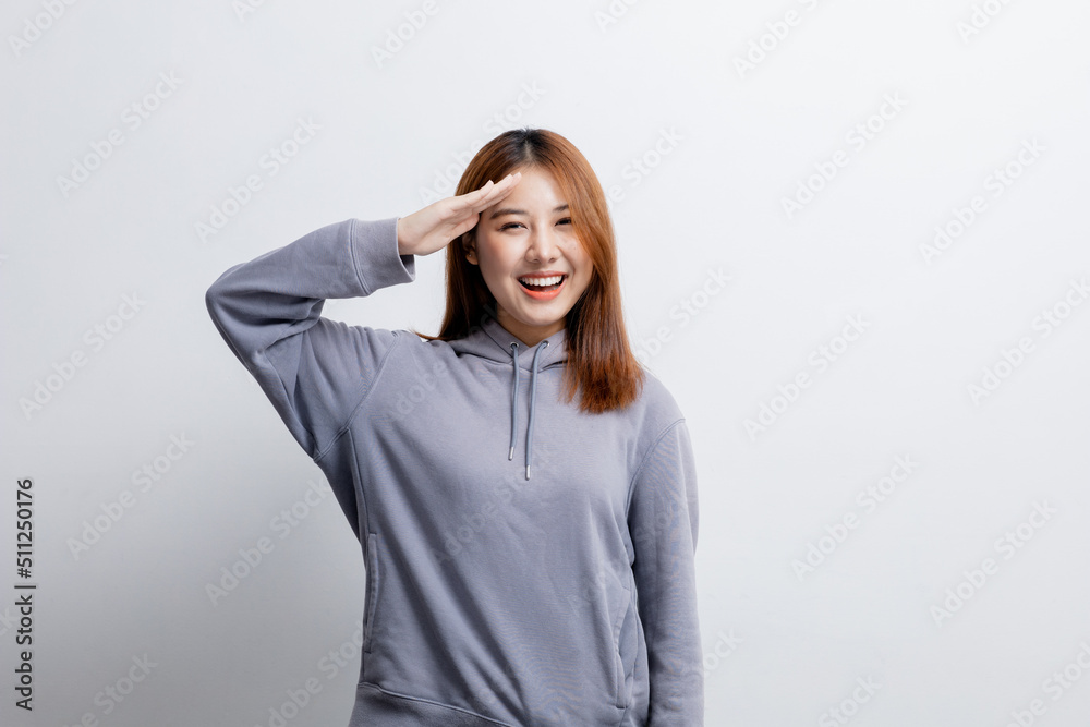 Beautiful Asian woman gesturing for advertisement editing on isolated background, portrait concept used for advertisement and signage, isolated over white background, copy space.
