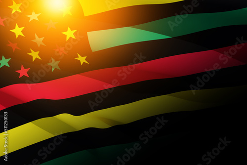 Waving Alternative Juneteenth Flag with Flare. Since 1865. Design of Banner. Black history month. 3d-rendering.