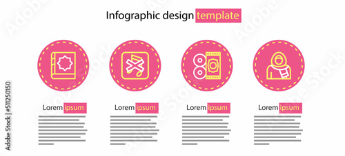 Set line Traditional carpet, Muslim woman in hijab, Speaker mute and Holy book of Koran icon. Vector