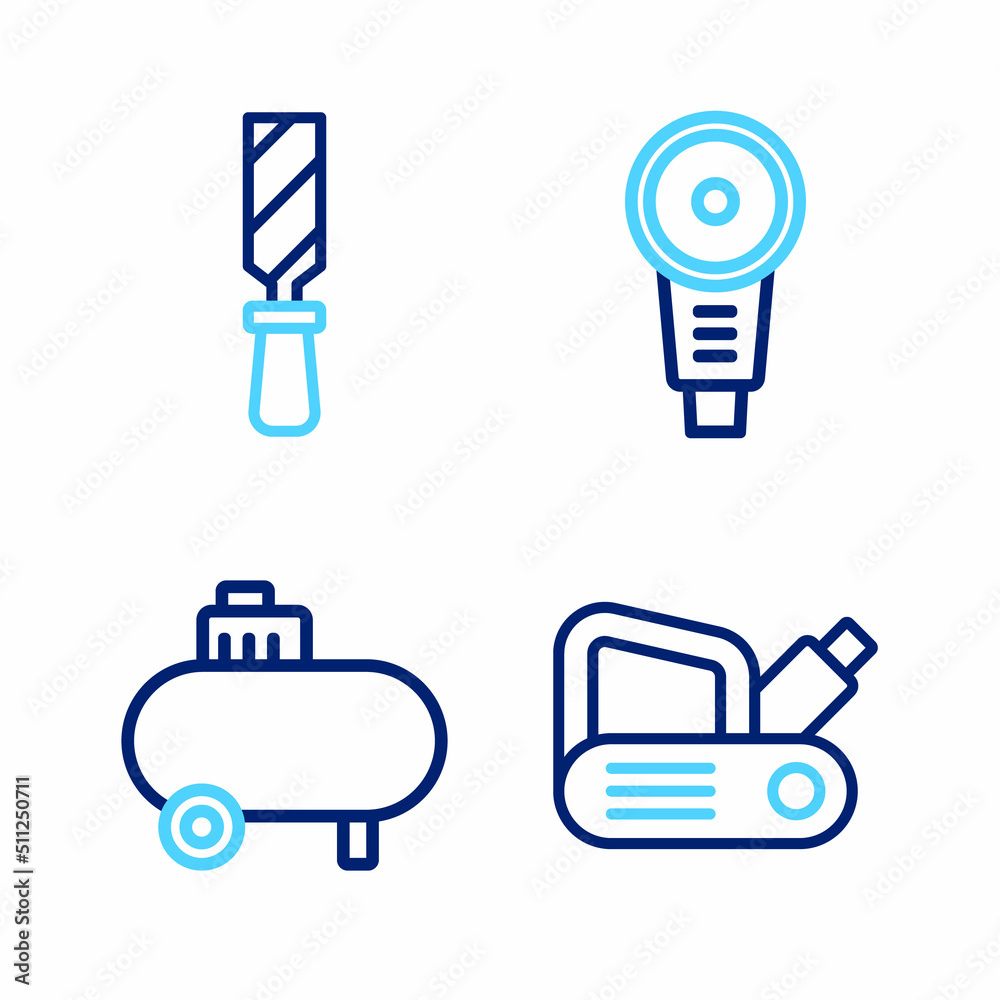 Set line Electric planer tool, Air compressor, Angle grinder and Rasp metal file icon. Vector Set line Electric planer tool, Air compressor, Angle grinder and Rasp metal file icon. Vector