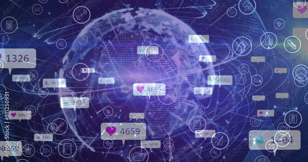 Animation of social media icons and numbers over globe Animation of social media icons and numbers over globe